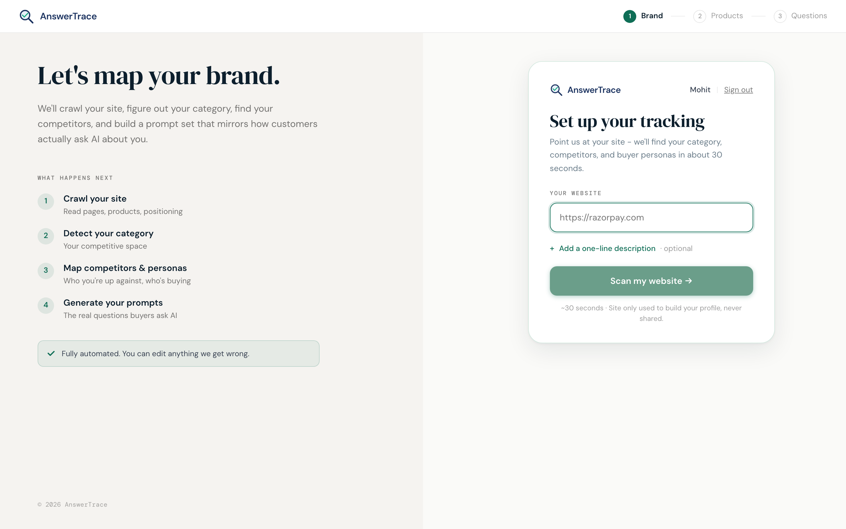 The 'Let's map your brand' setup flow. Paste your brand URL and AnswerTrace crawls the site, detects your category, maps competitors, and generates the prompt set in about 30 seconds.