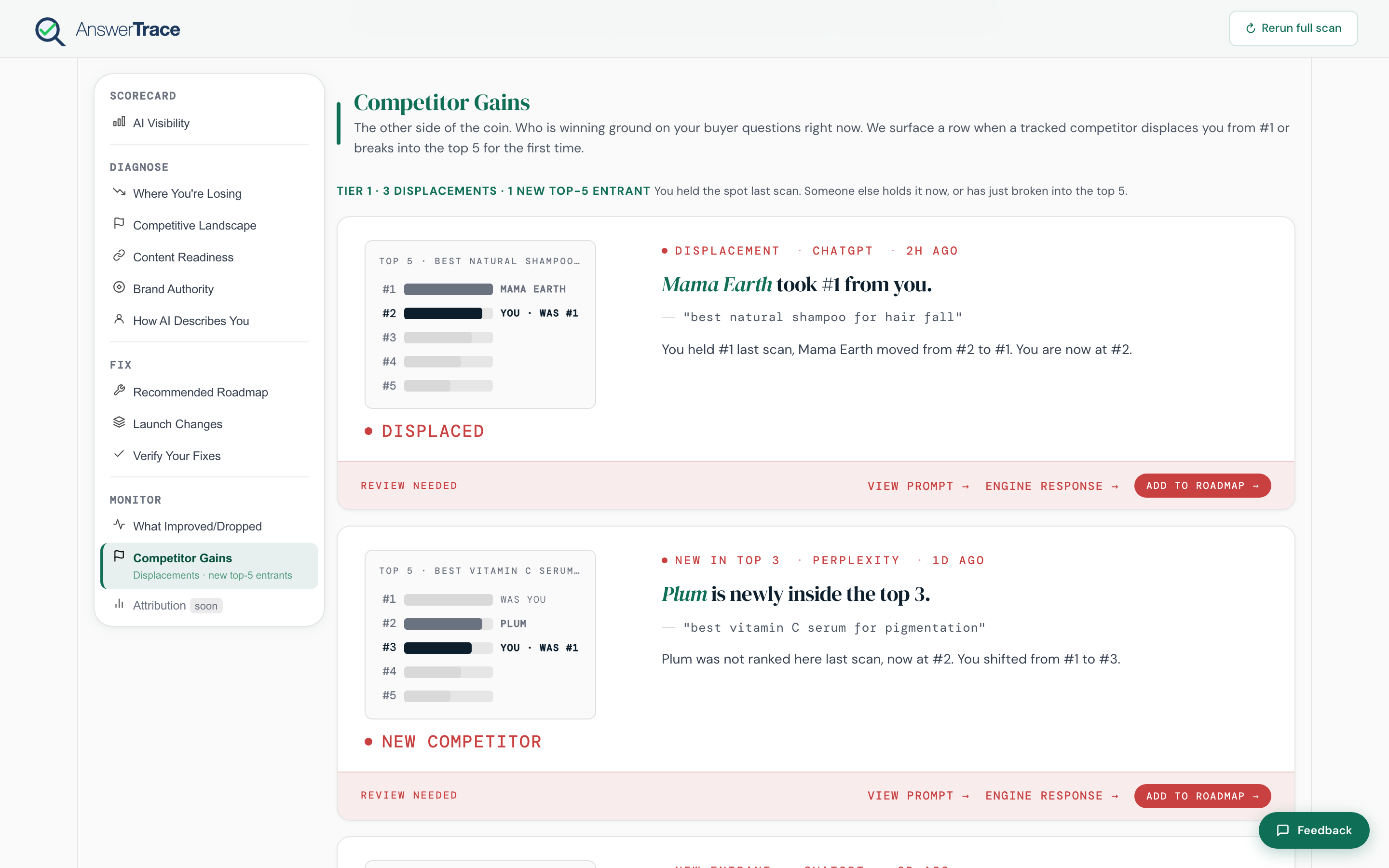 The Attribution section, currently marked Coming soon. This is where AI-mention-to-website-visit data lands once shipped.