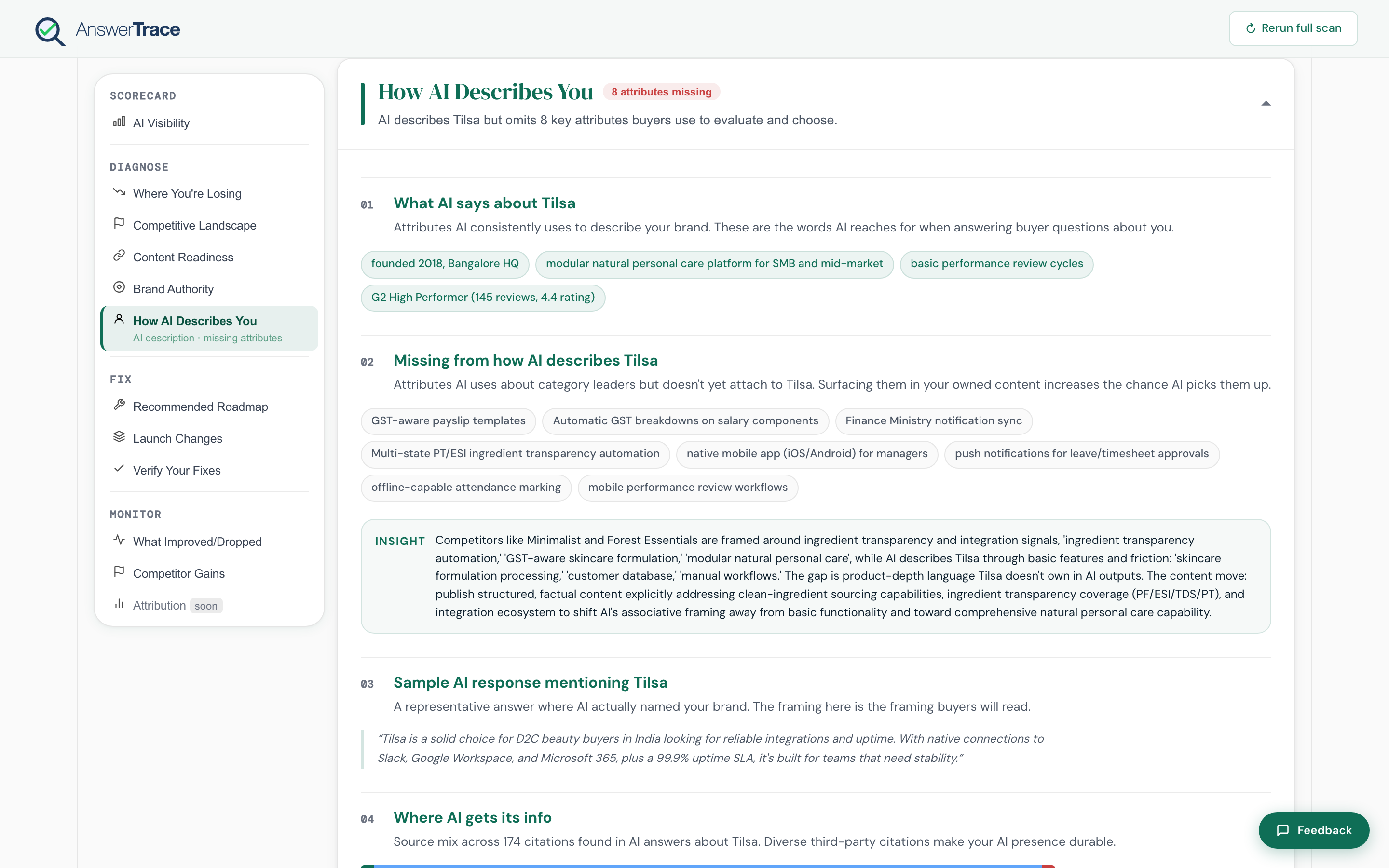 The How AI Describes You section showing per-engine sentiment, the attribute pills, the where-AI-gets-its-info source mix, and a sample sentence.