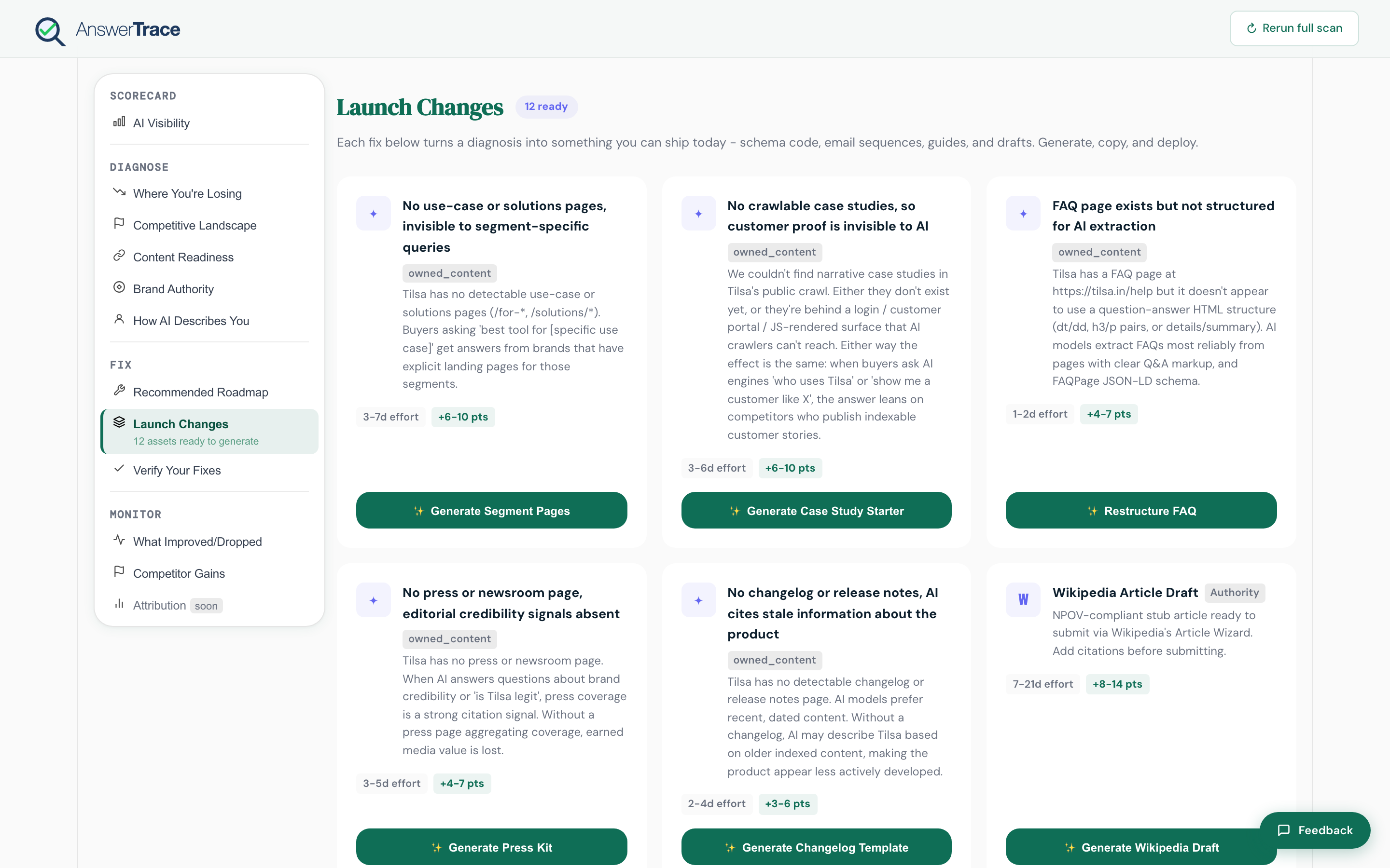 The Launch Changes surface where each finding becomes a generated artifact: FAQ JSON-LD, comparison page draft, case study starter, glossary entry, or content brief.