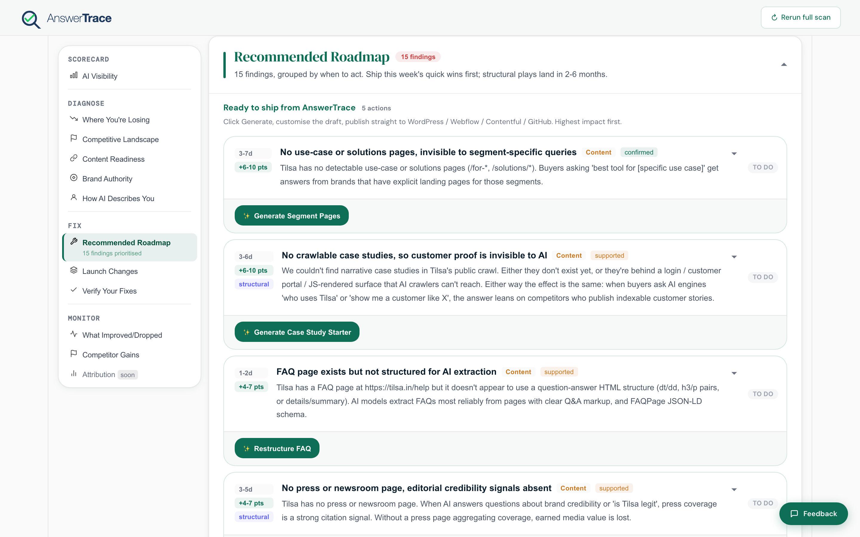 The Recommended Roadmap section, with findings grouped into This week, This month, and This quarter, each card showing theme, effort, and impact.