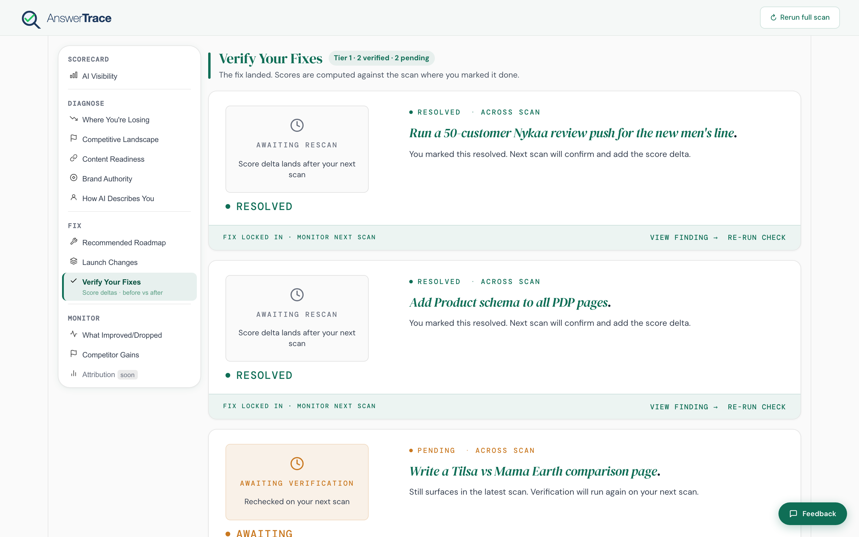 The Verify Your Fixes section showing the before-vs-after view for each fix you marked done, with resolved, verified, and pending verification states.