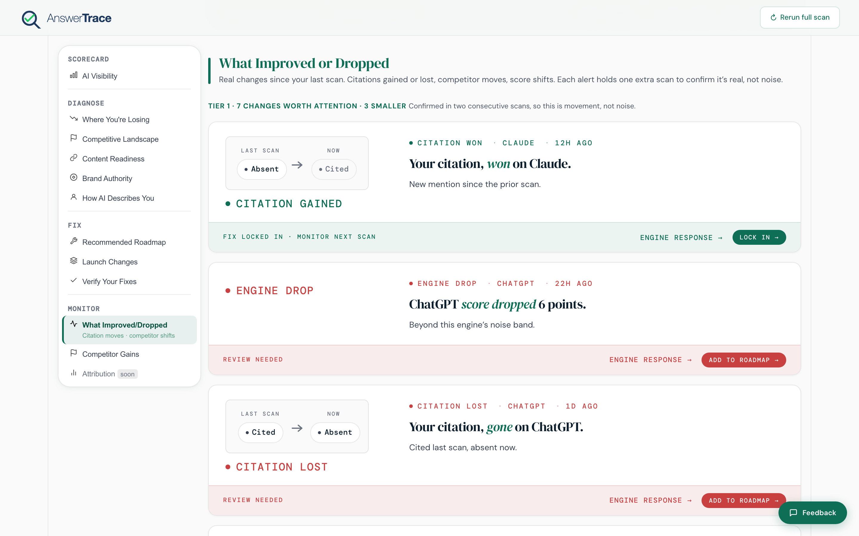 The What Improved or Dropped change feed showing Tier 1 events like citation won on Claude, engine drop on ChatGPT, and citation lost.
